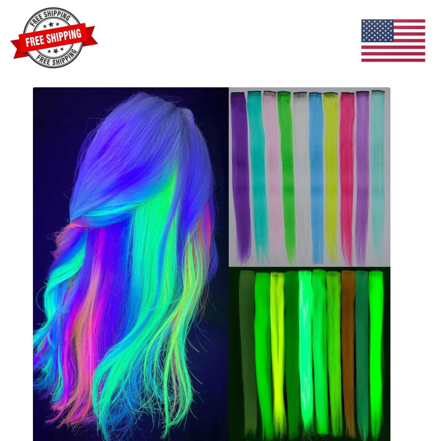 10 Pcs Glow in Dark Clip in Hair Extensions – 22inch Colorful Synthetic Rainb…