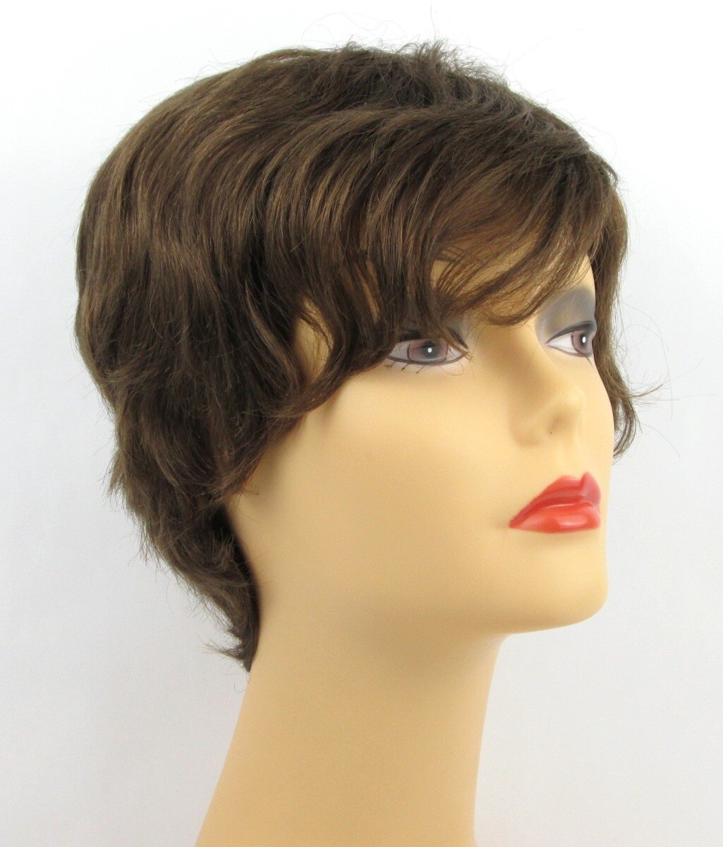 100% HUMAN HAIR WOMENS SHORT STRAIGHT SLIGHTLY WAVY WIG W/ WISPY BANGS SANDY