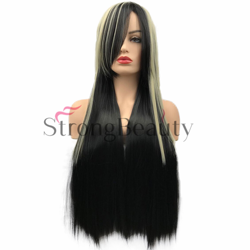 Ombre Black Brown Blonde Gradient Wig Long Straight Wavy Head Ladies Hair