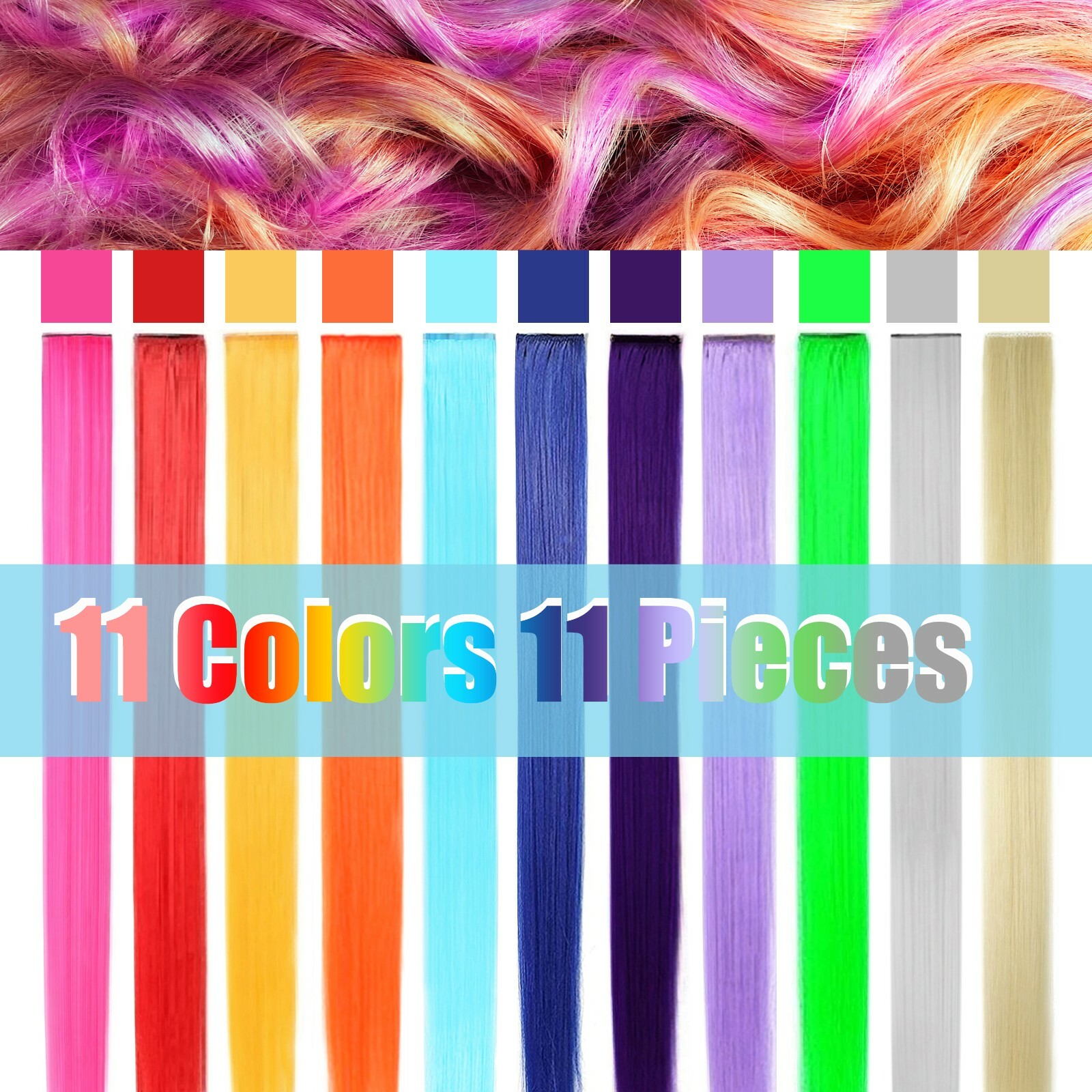 11pcs Multi-Color 21″ Straight Party Clip In Synthetic Hair Extensions Cosplay