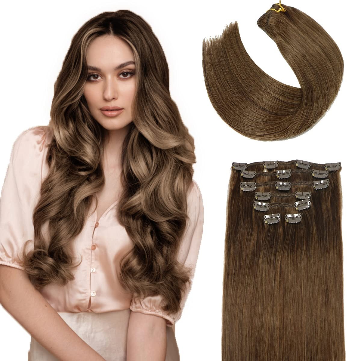 Full Head Clip In Hair Extensions Brazilian Real Human Hair Double Weft Thick