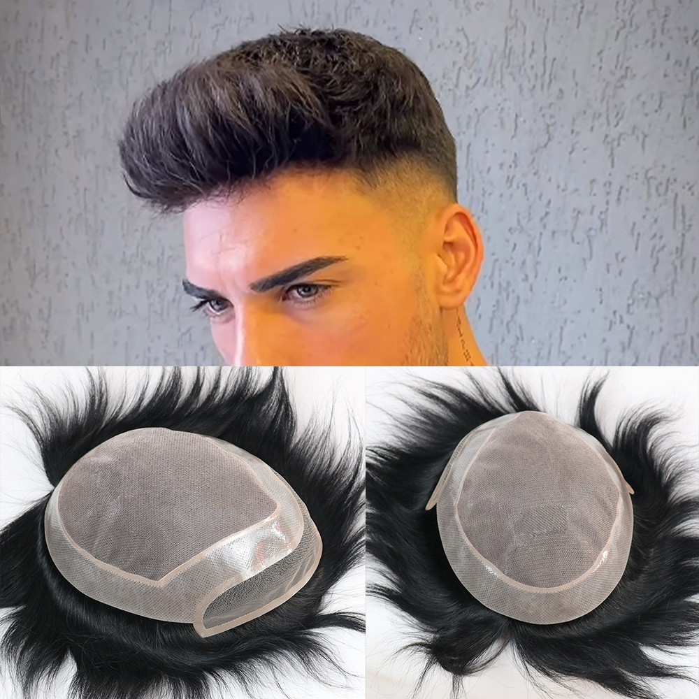 Human Hair Men Toupee Mono Base with Lace Front Hair Units Replacement System