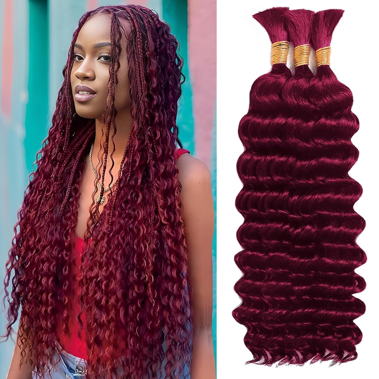 Versatile Deep Wave Human Hair for Ultimate Boho Braids – 110g Burgundy Bundle