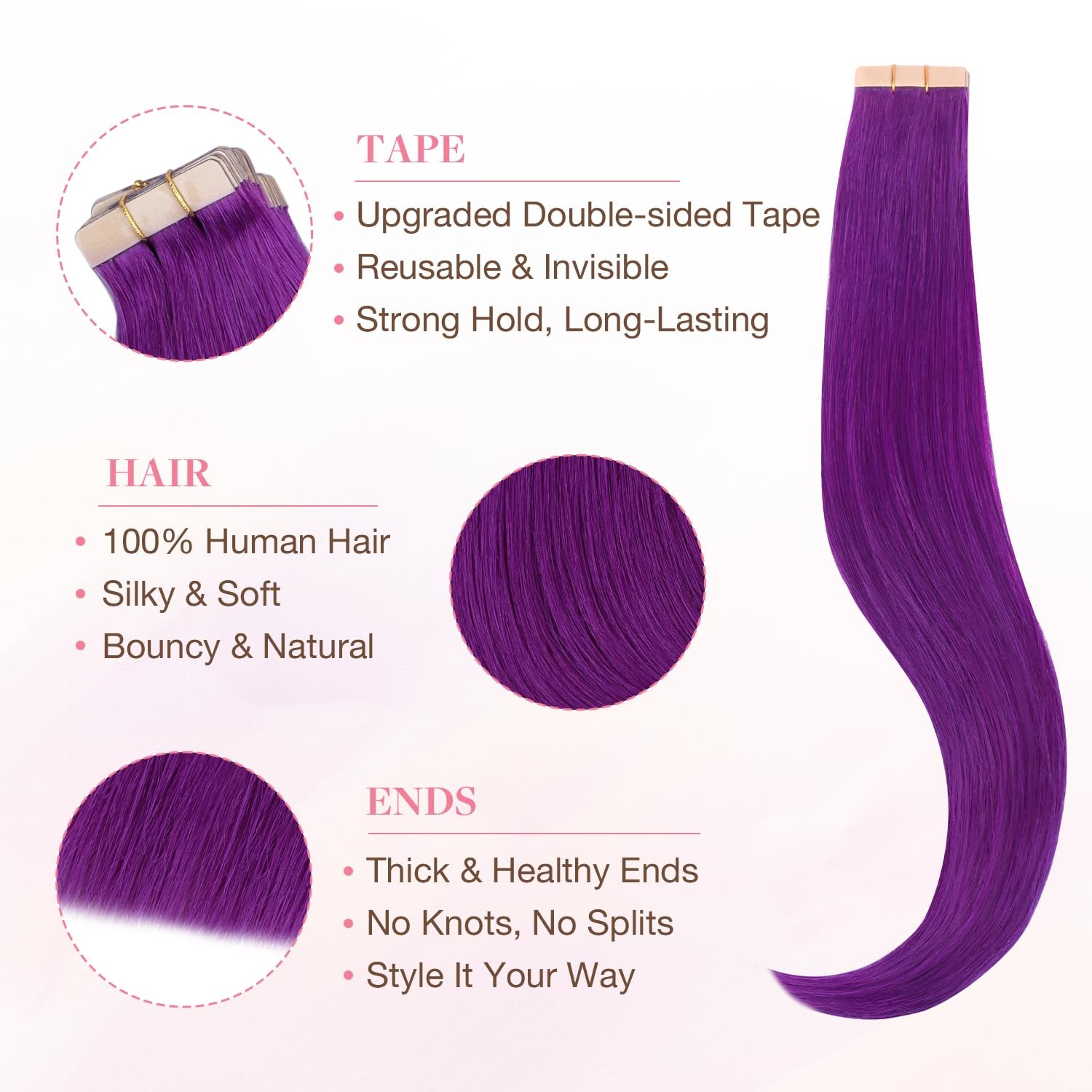 GOO GOO Purple Tape-in Human Hair Extensions 10″ 20g 10pcs Colored