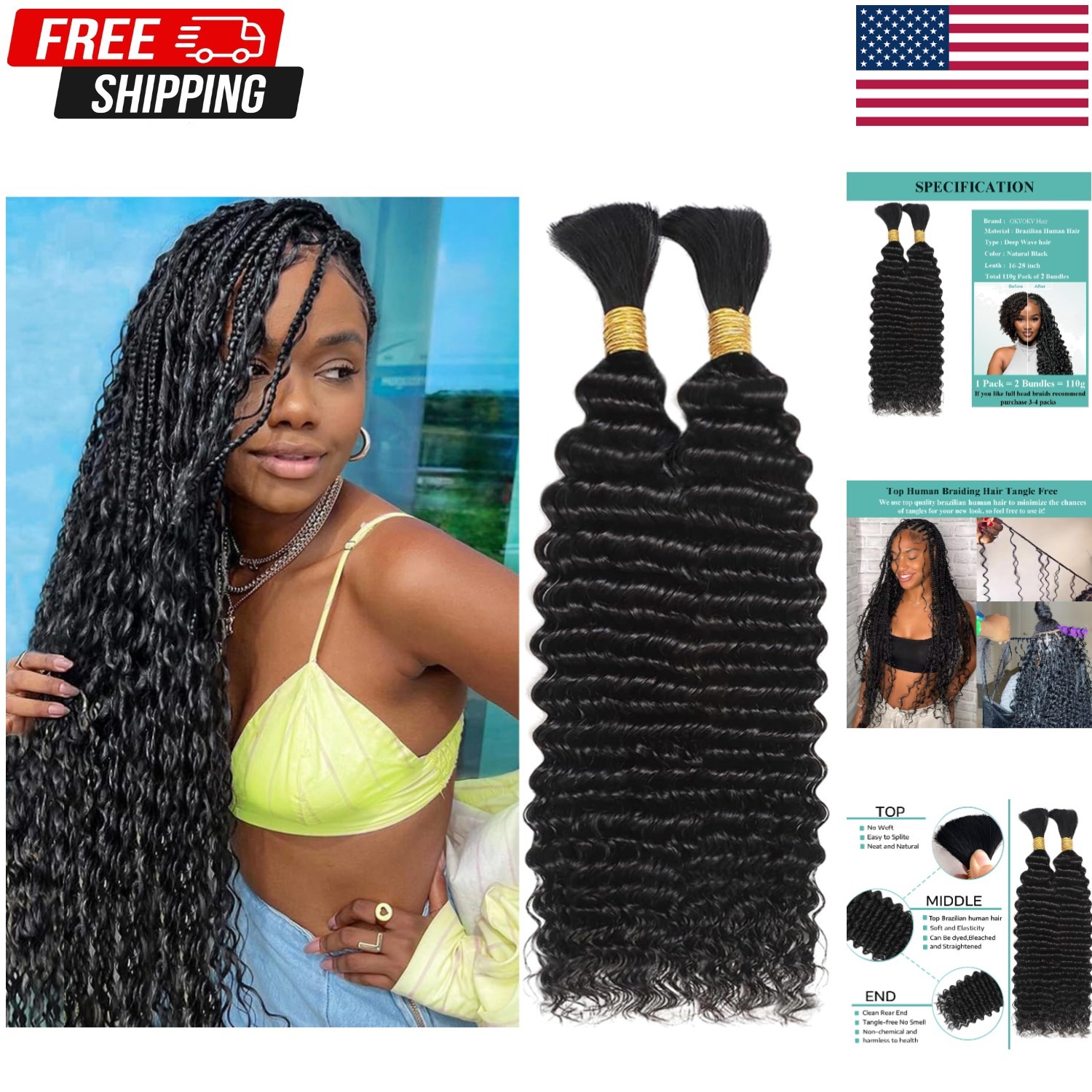 Versatile 110g 20 Inch Curly Human Hair – Bohemian Braids, 2 Bundles Natural Hue
