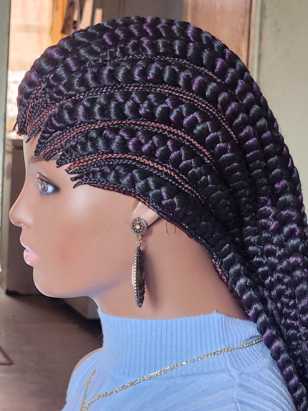 Fully hand braided Ghana banana cornrows wig Paka 1B mix dark purple/dark drown