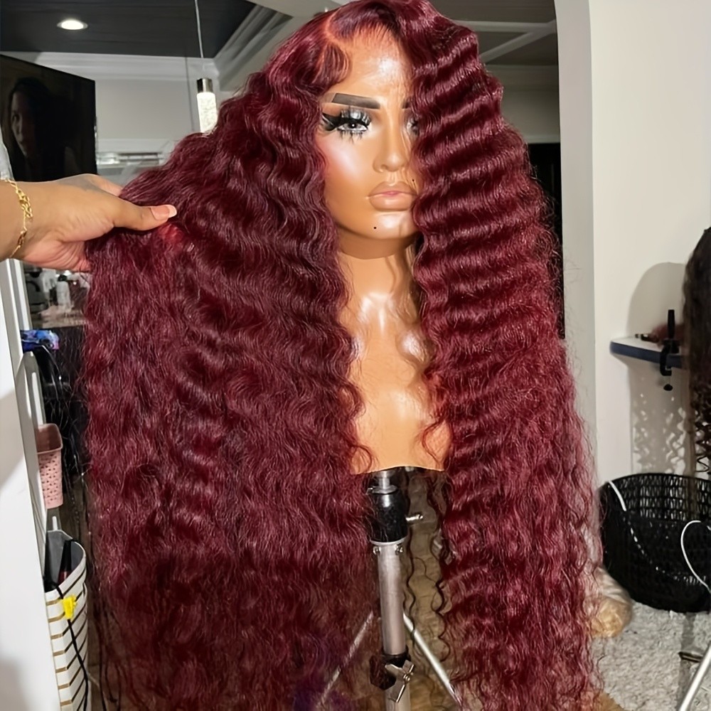 13×4 Deep Wave Lace Front Wigs Wine Red Color Women Long Curly Hair Pre Plucked