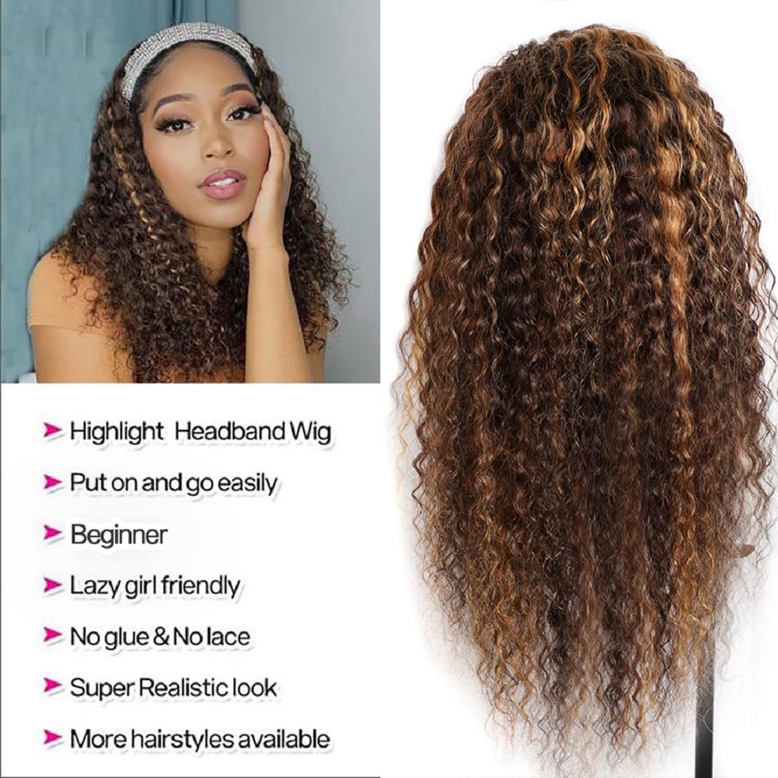 Stylish 22 Inch Ombre Human Hair Headband Wig – Deep Wave & Easy Snap On Design