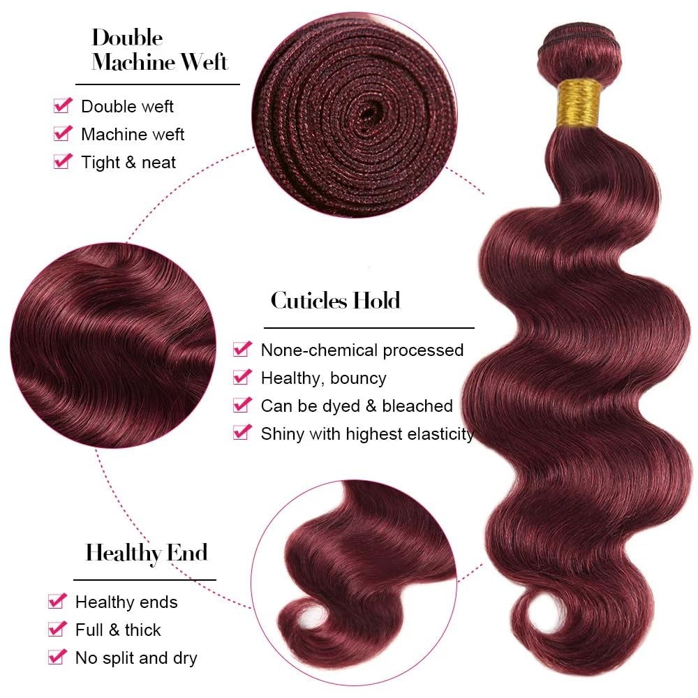 8 10 12 Inch #99J Burgundy Body Wave Human Hair 3 Bundles 100g/Bundle