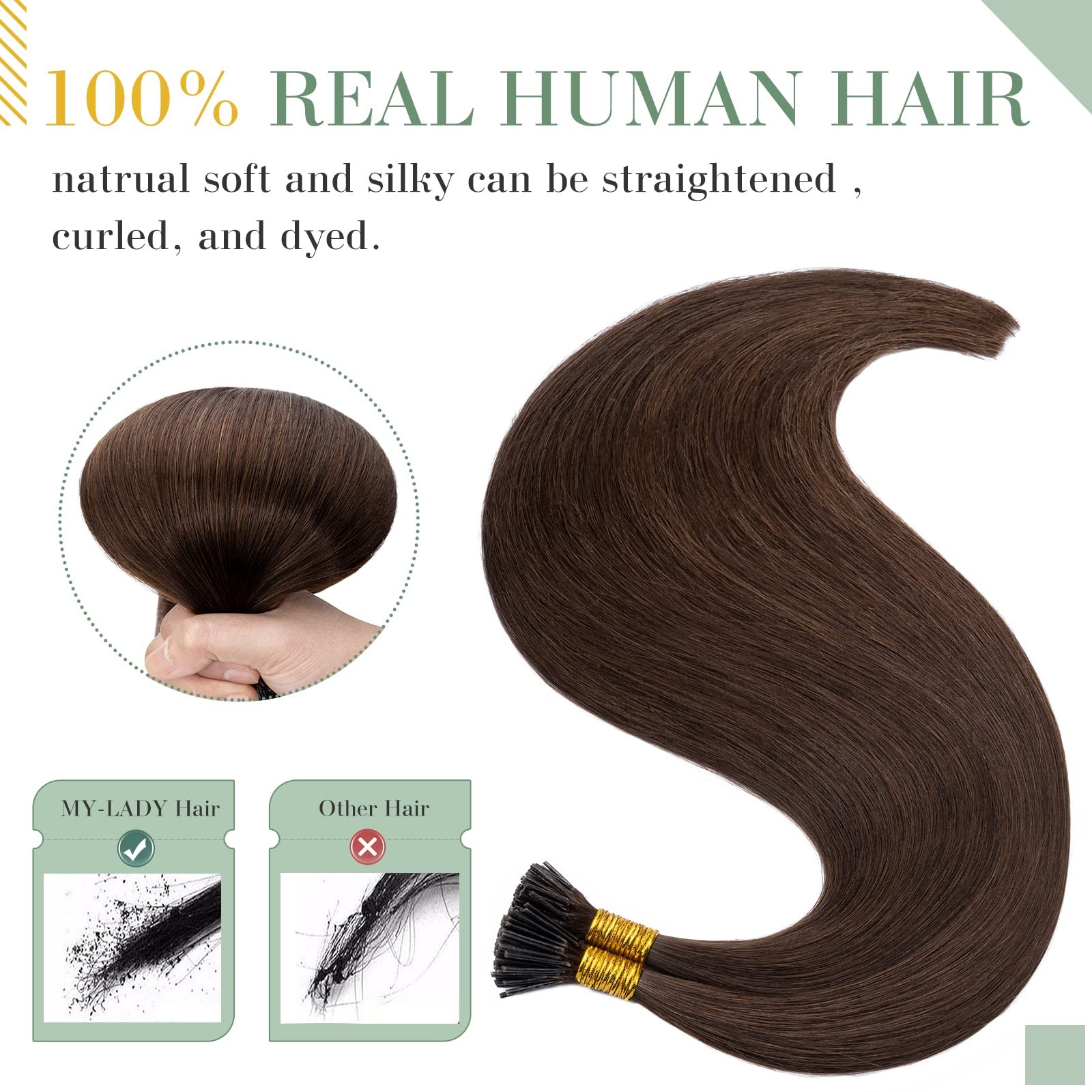 My-Lady I Tip Hair Extensions Human Hair 100 Strands 18 Inch Medium Brown Pre