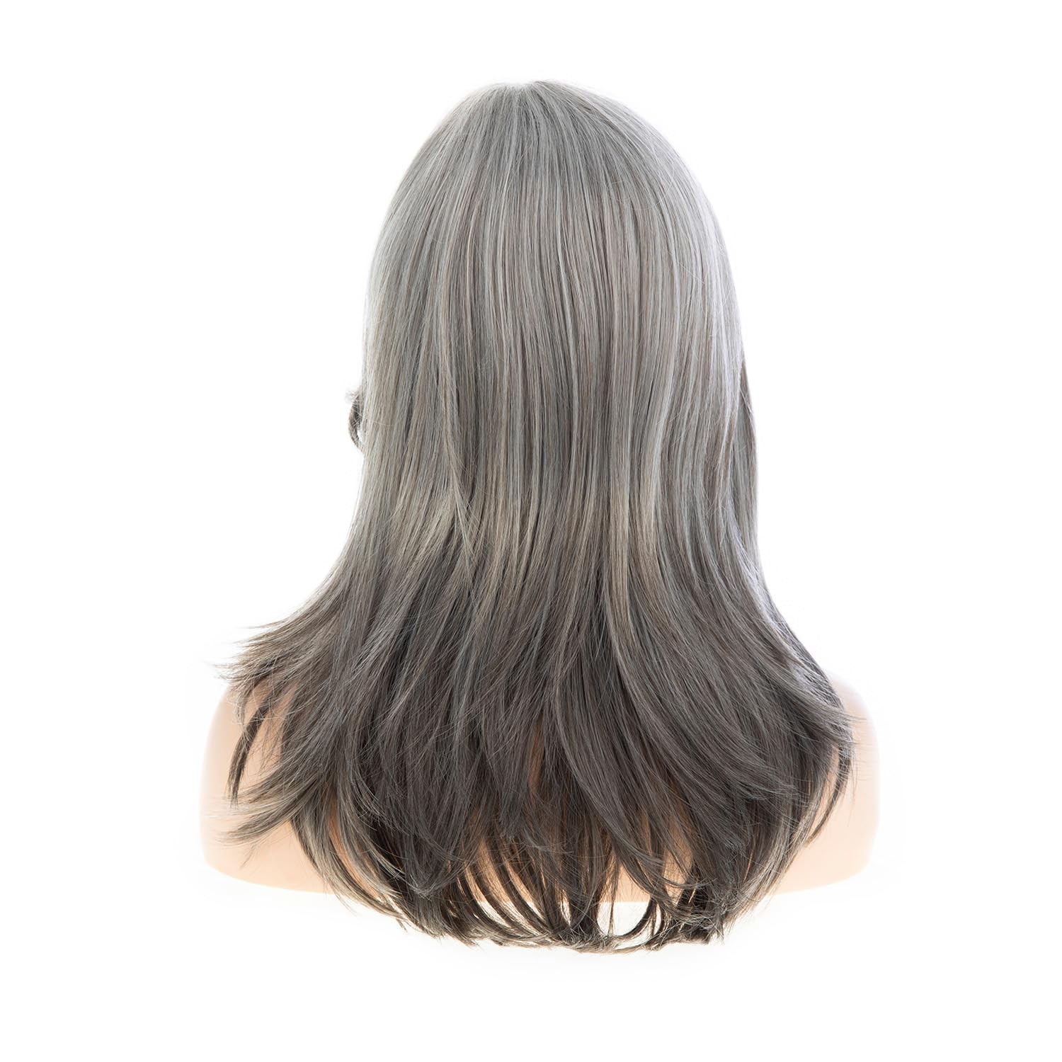 Womens Long Straight Grey Layered Synthetic Hair Wigs with Bangs