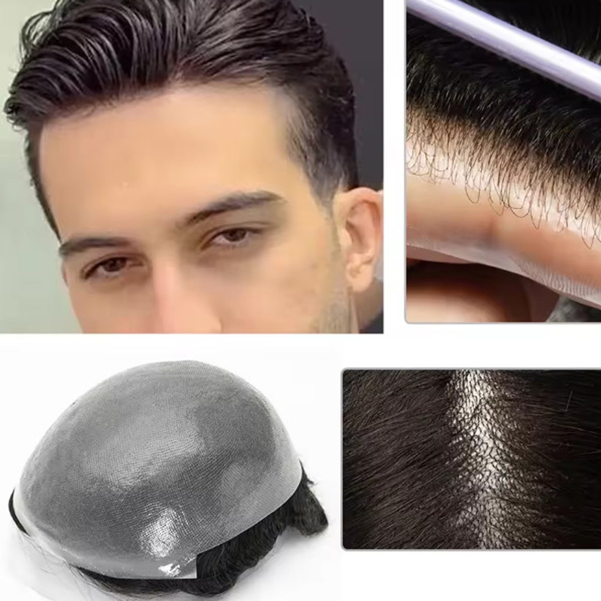 mens hair system human hair PU Base Replacement System 0.08-0.10mm Thin Skin