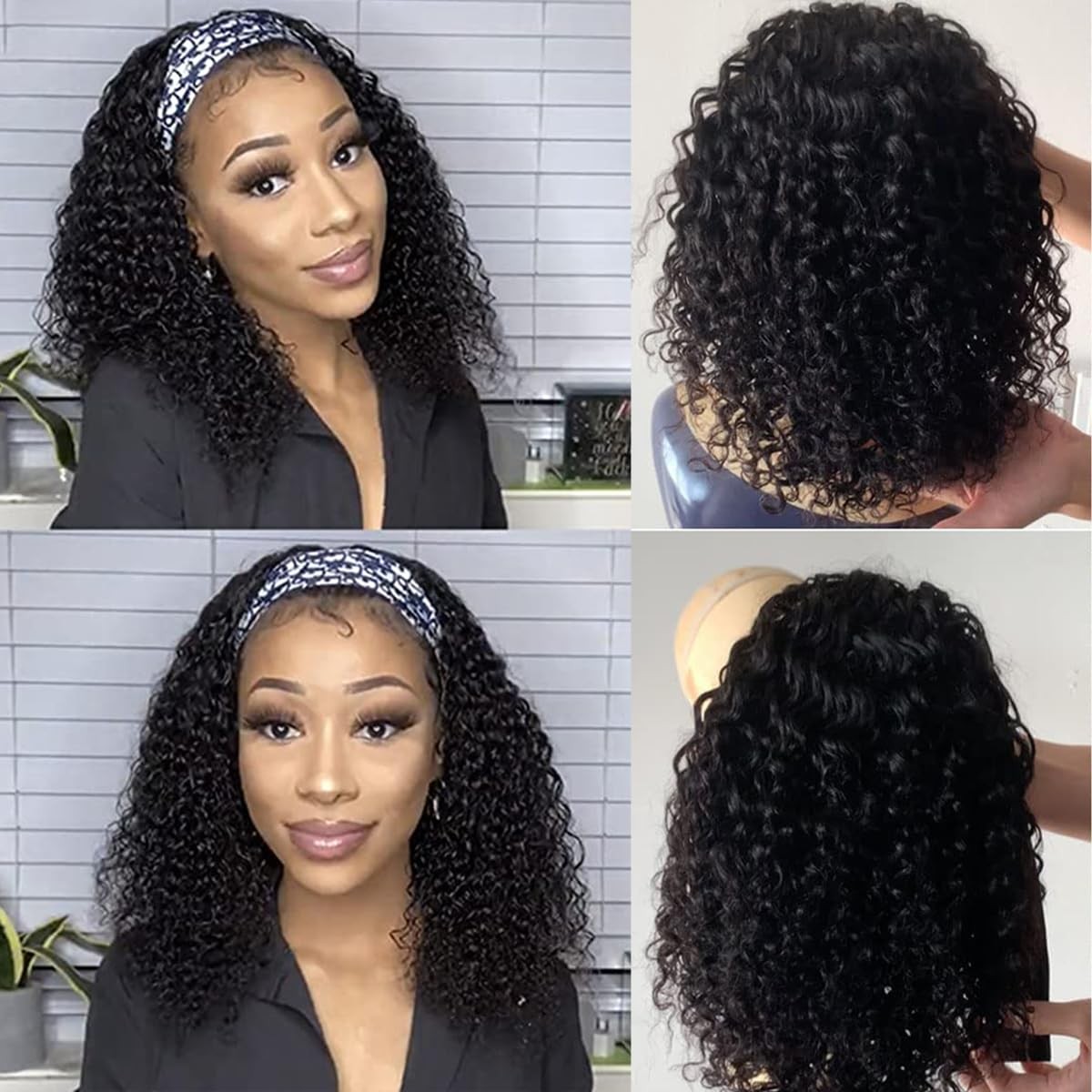 Water Wave Headband Human Hair 150% Density Afro Wigs for Black Natural Curls…