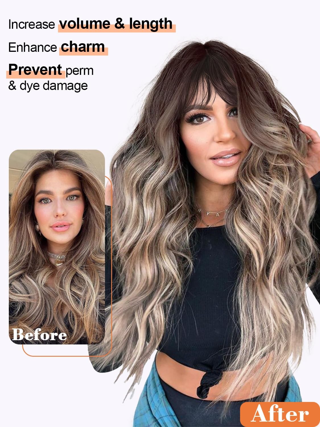 26 Inch Curly Wavy Wig with Bangs Synthetic Hair for Women Natural Looking Ha…