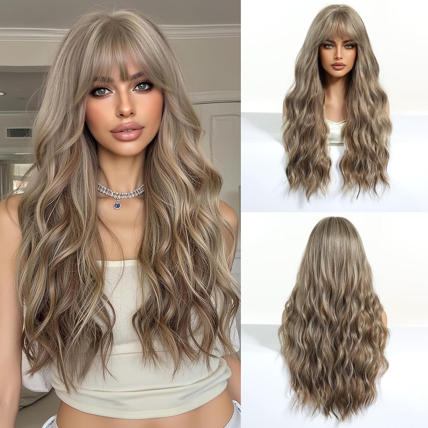 Long Wavy Ash Blonde Wigs for Women with Fringe Natural Synthetic Hair Wig fo…