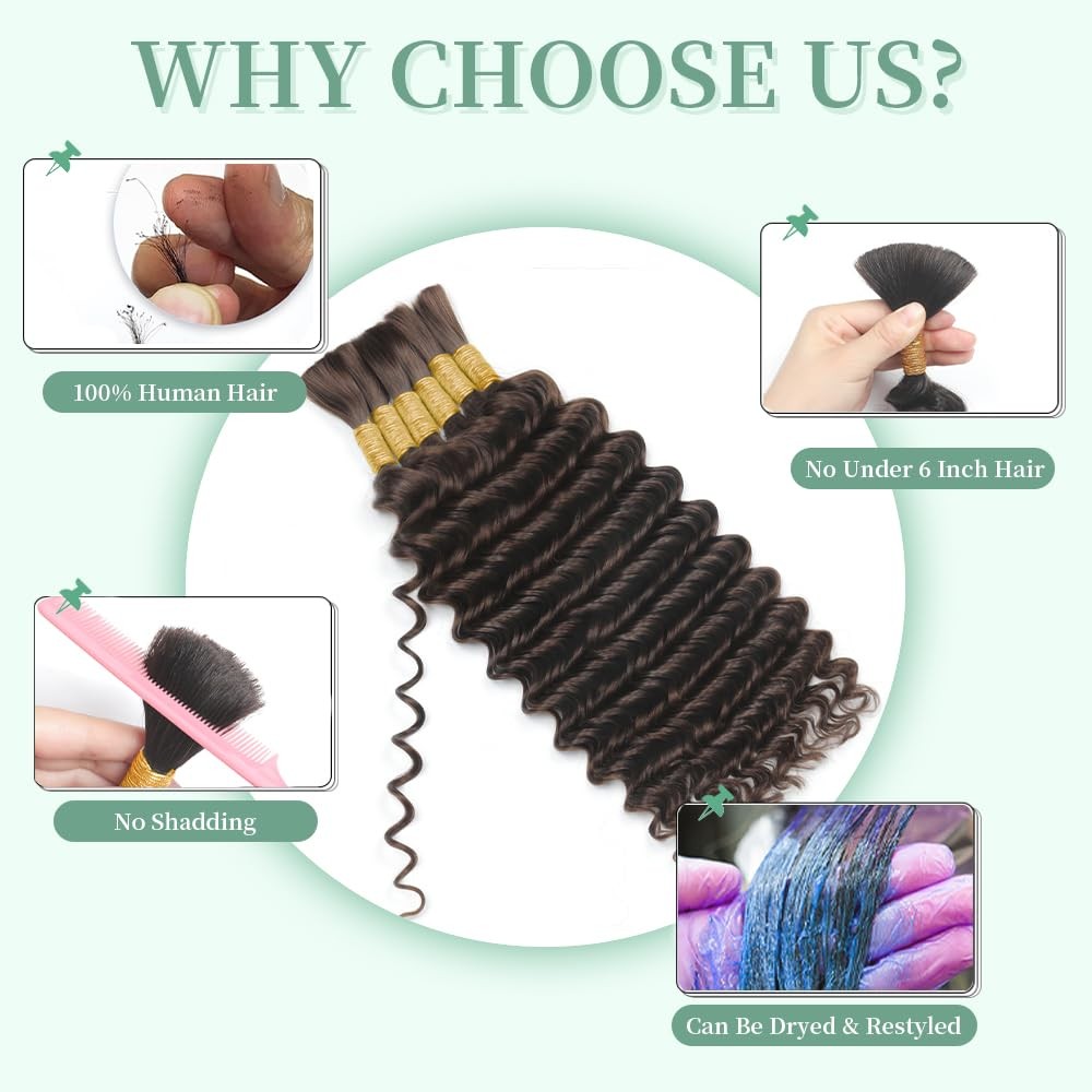 Dark Brown Braiding Hair Deep Wave Bulk Human Hair Boho Braids 150g 6 Bundles/Pa