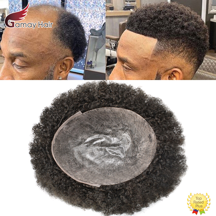 Afro Curl Mens Toupee Full Poly Skin Pu African American Hair System Replacement