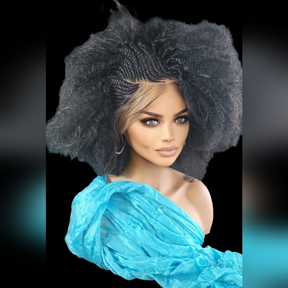 Braided Wig Short Afro Kinky Black Lace Front Glueless Baby Hair 4″ Handmade NWT