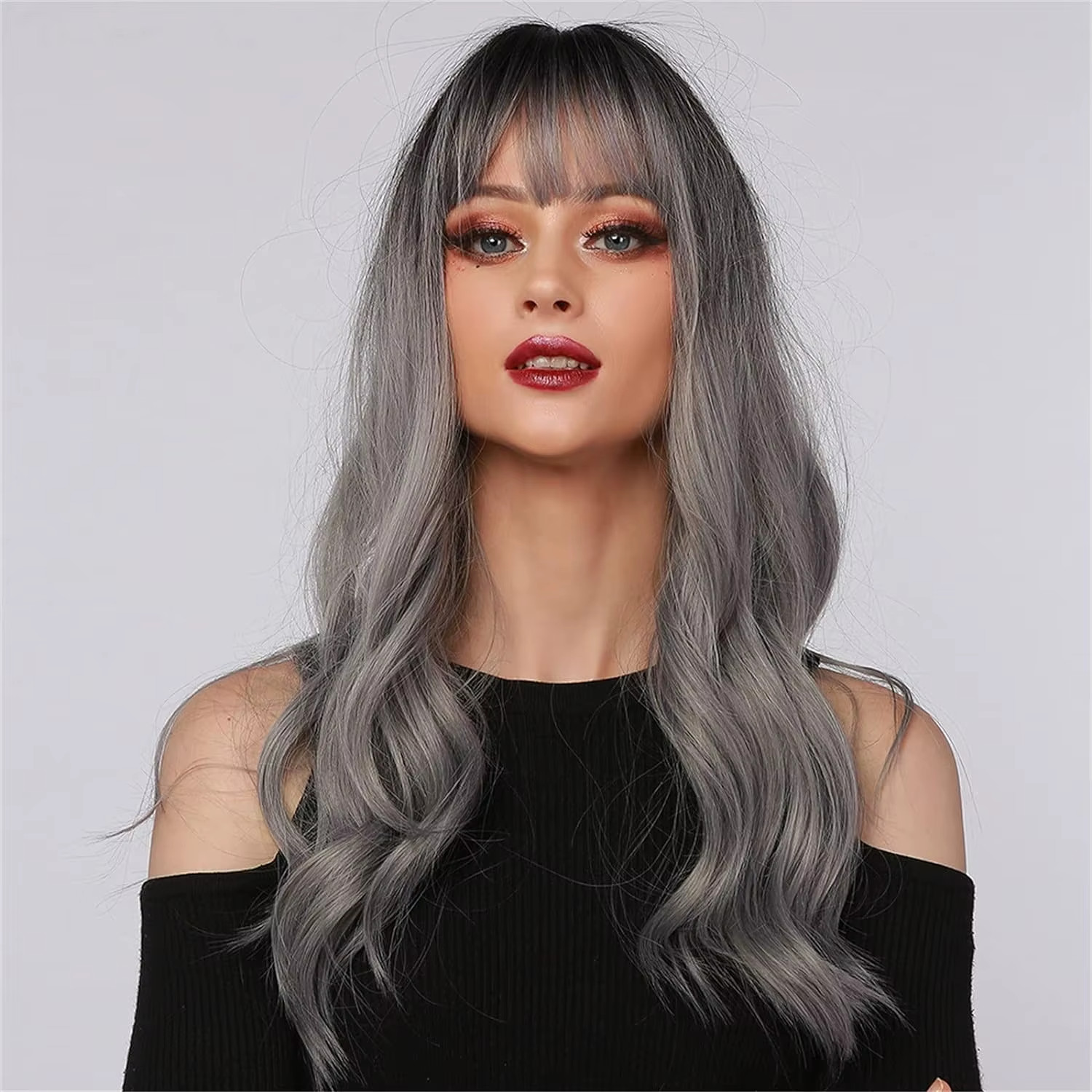 Long Wavy Silver Ash Ombre Cosplay Synthetic Wigs Natural Curly Gray Black Hair