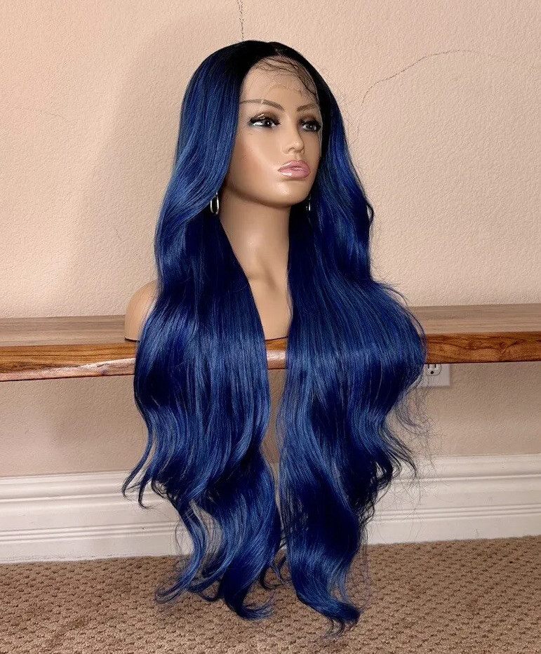 Lace Front Wig Blue Ombré Black Wavy Layered 26 Inch Long Heat Ok