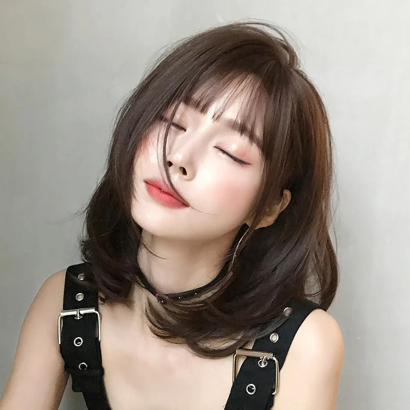 7JHH Short Chocolate Bob Wig Synthetic Straight Layered Wig with Bangs