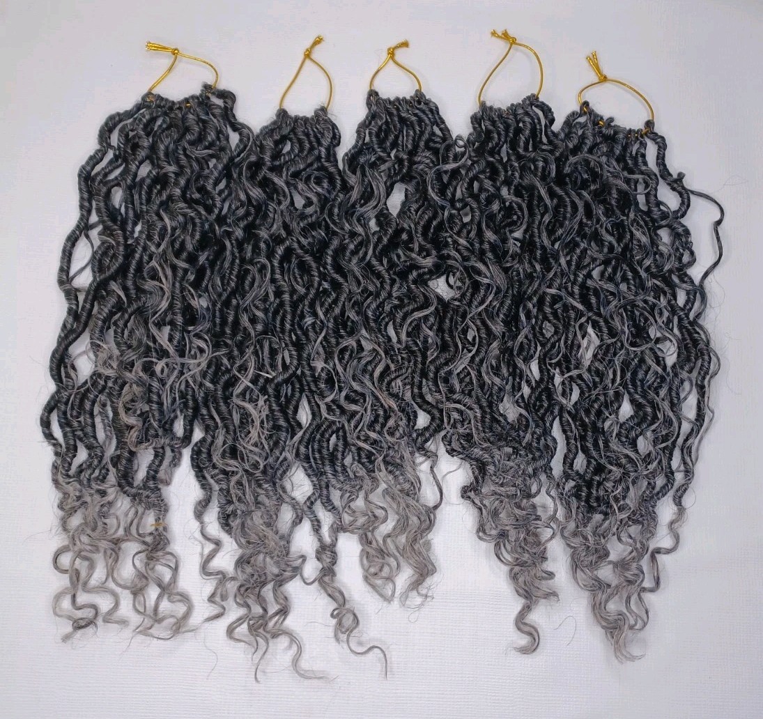 14 Inch Black & Grey Ombre Synthetic Hair Curly 5 Bundles 60 Strands Total