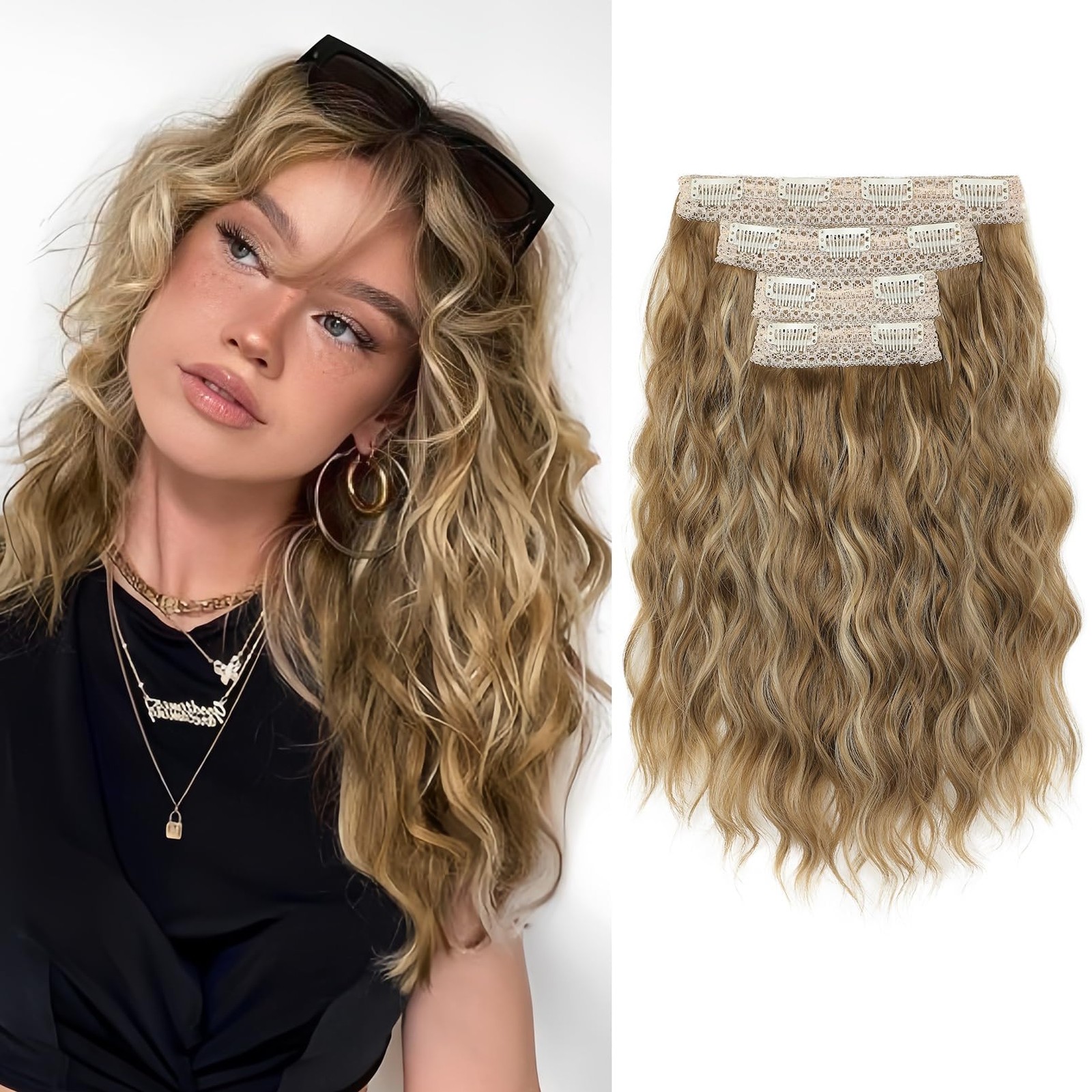 Clip in Hair Extensions, 4PCS Hair Extensions 14″ Short Wavy Invisible Lace W…