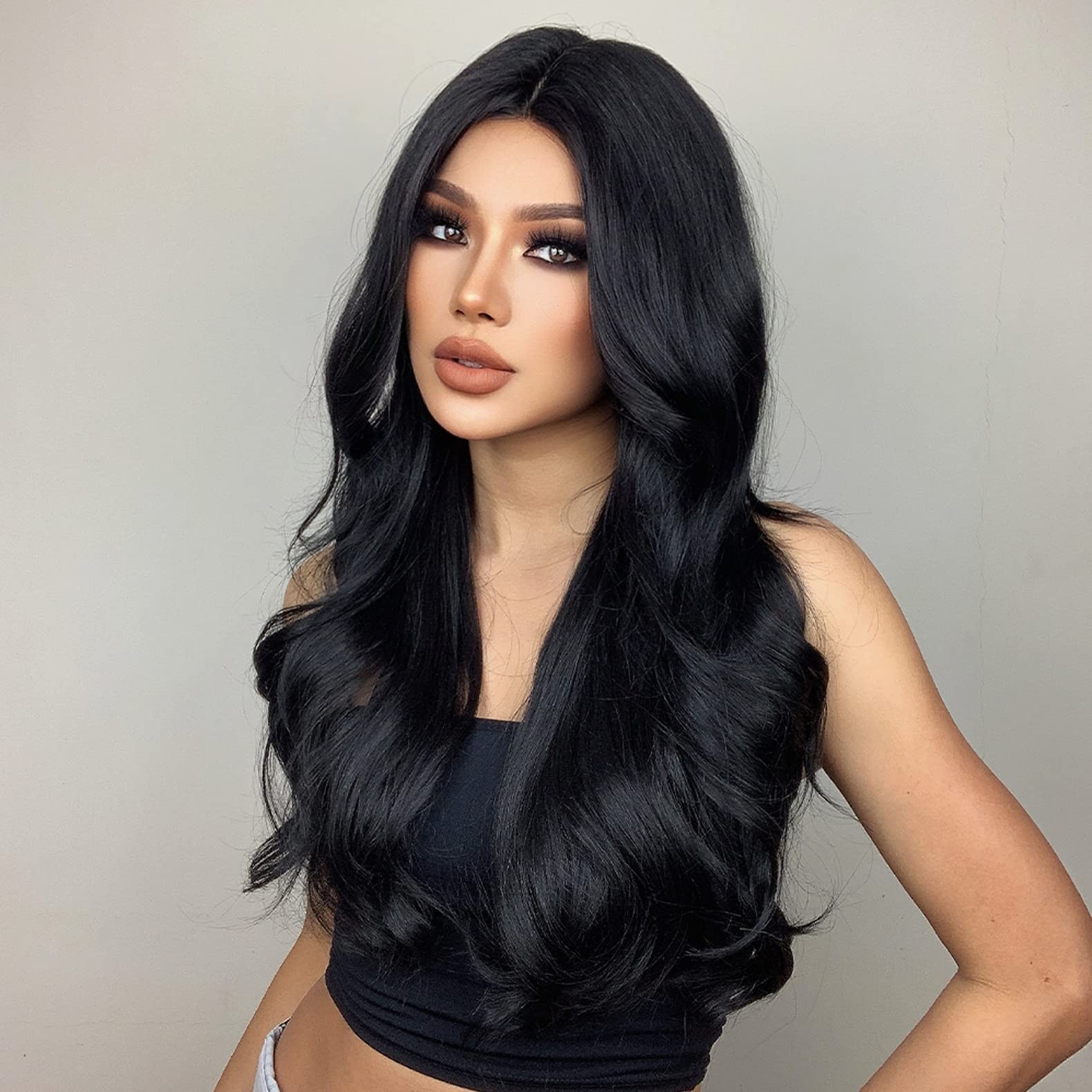 Black Wig for Women Long Wavy Black Hair Wigs Middle Part Black Wigs Heat Res…