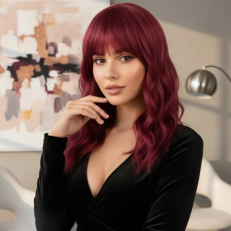 Wine Red Bob Synthetic Wig for Women Short Wave Curly Hair with Bangs 14 Inch