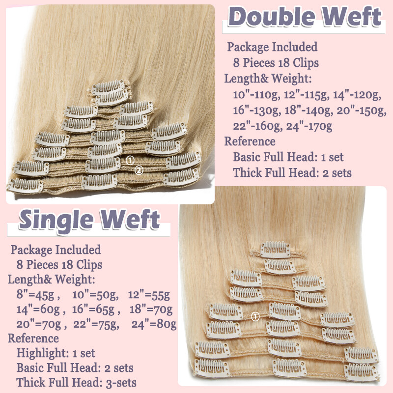 Luxury Thick Clip in Hair Extensions 100% Remy Human Hair Double Weft Full Head