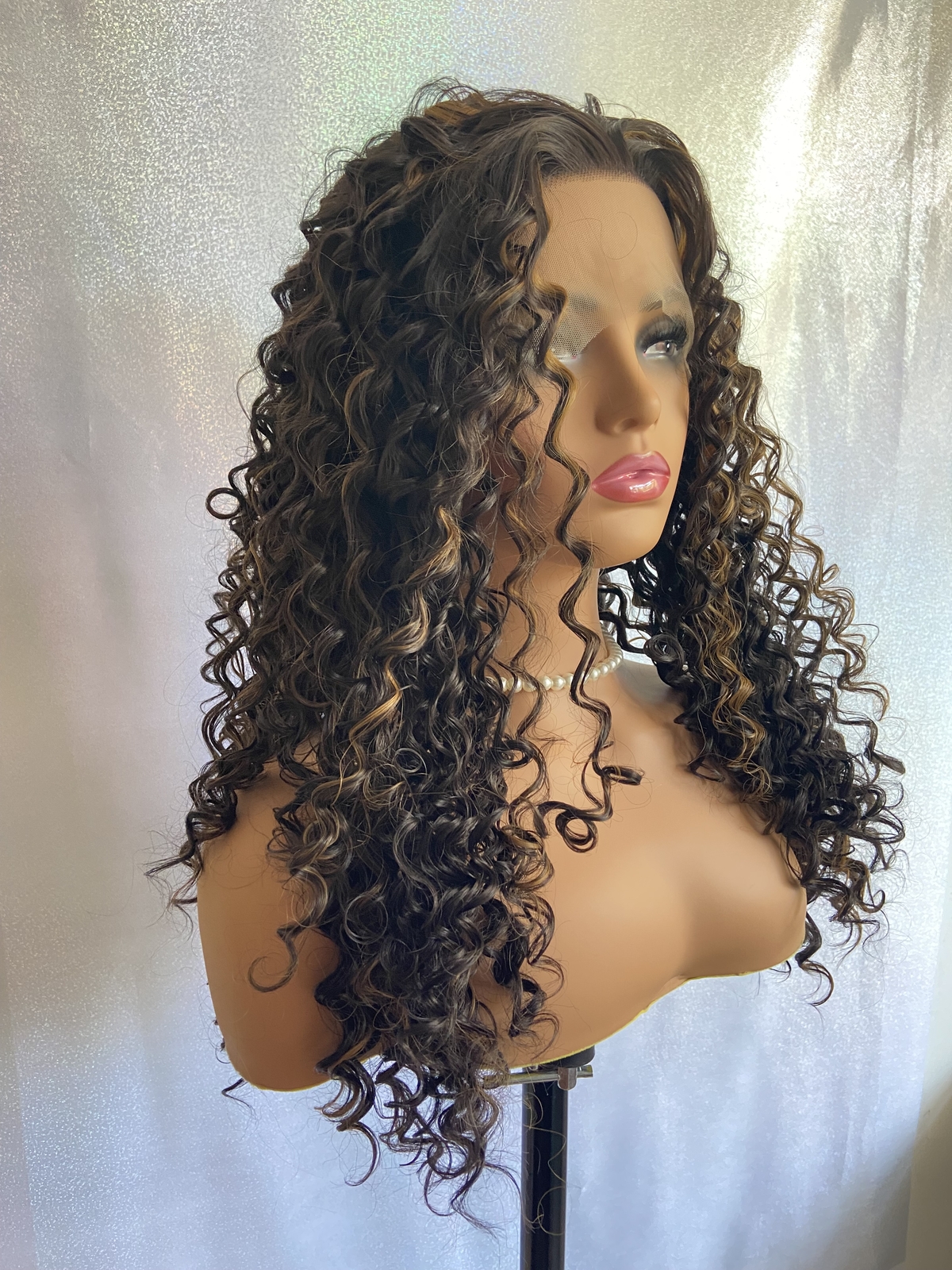 Human Hair Blend Lace Front Wigs Long Tight Curly Heat OK #4/27 Highlight Brown