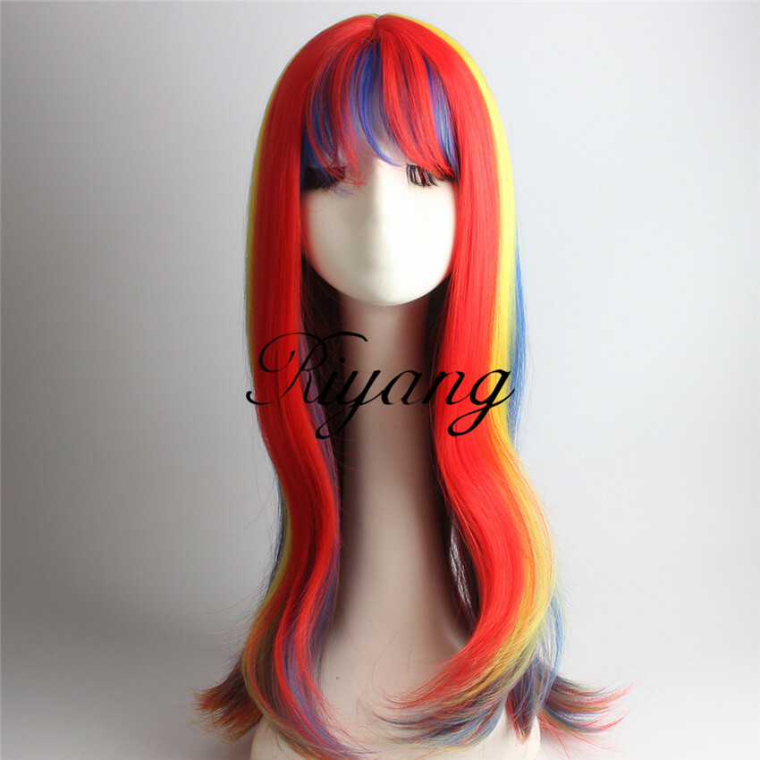Multi-Color Straight Rainbow Costume Wig with Full Bang Long for Women Synthetic