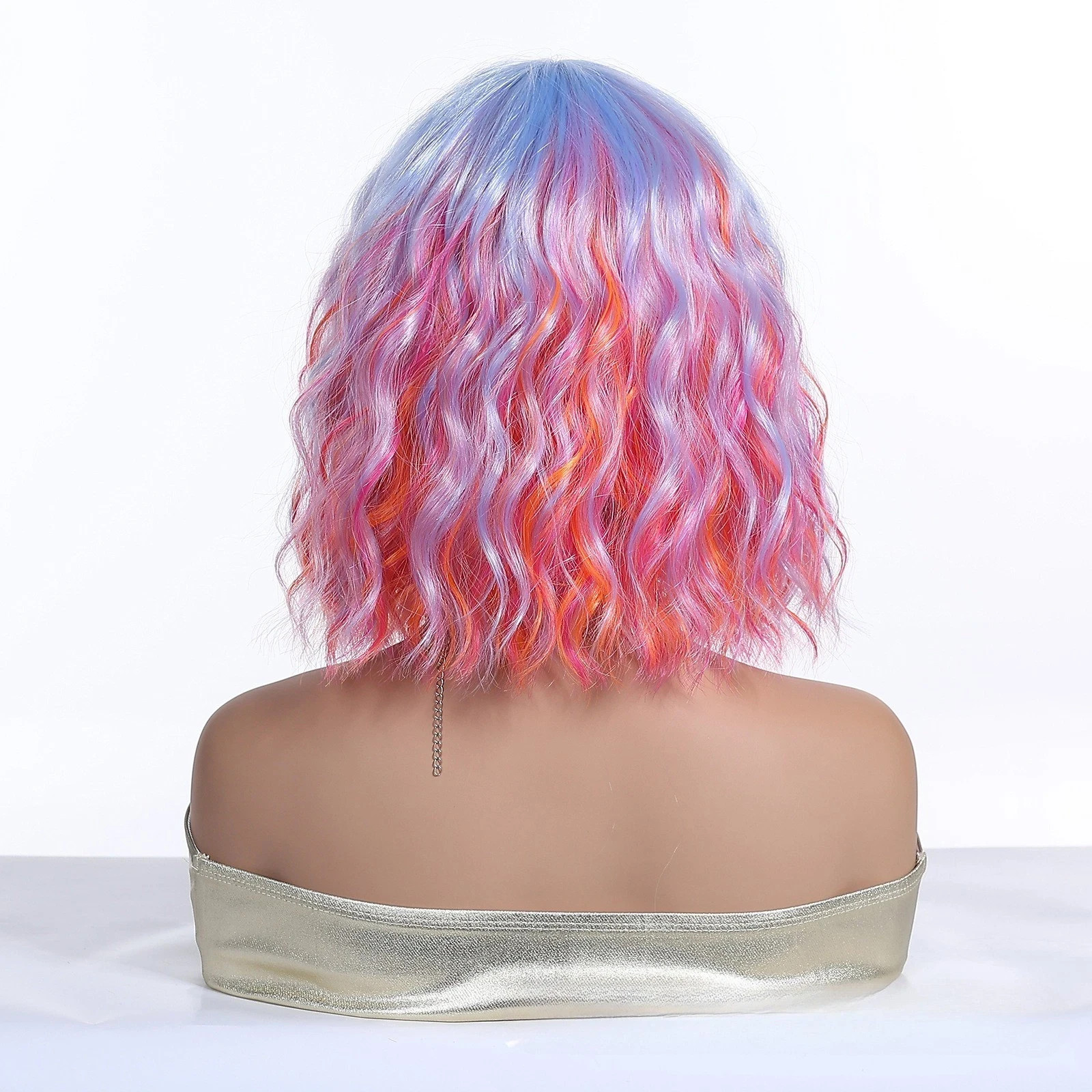 Cosplay Wig Pink Hightlights Wigs with Bangs Short Wavy Bob Wig for Women Girls