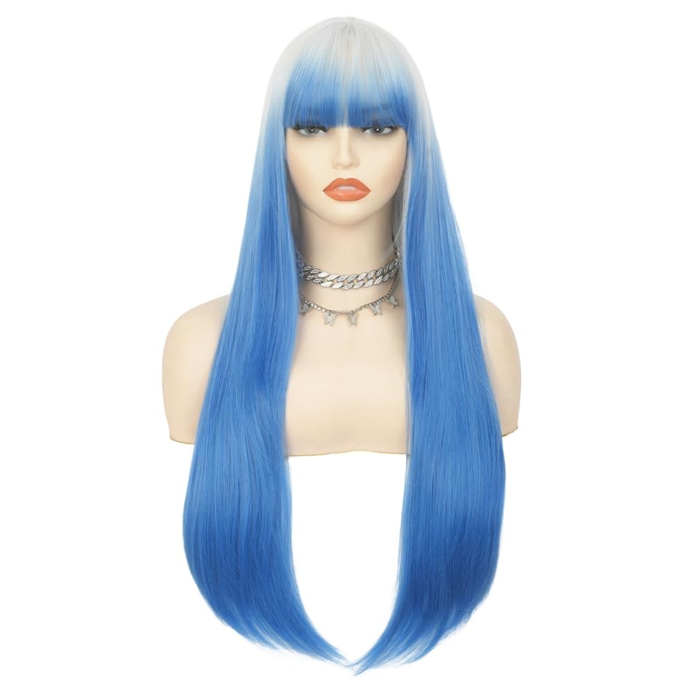 Ombre Blue Wigs with Bangs for Women Long Straight Synthetic Fiber Heat Resis…
