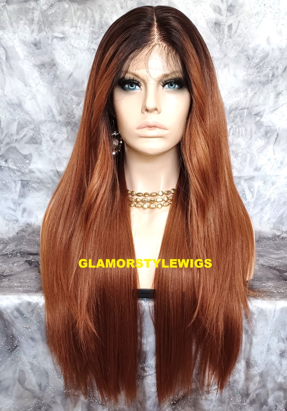 34″ LACE FRONT FULL WIG LONG STRAIGHT LAYERED OMBRE BROWN AUBURN MIX HEAT OK NWT
