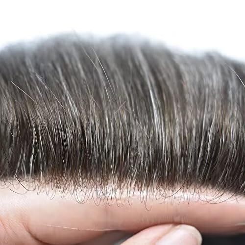 Mens Toupee Thin Skin V-Loop Hairpiece 0.03mm Poly PU Gray Hair Replacement