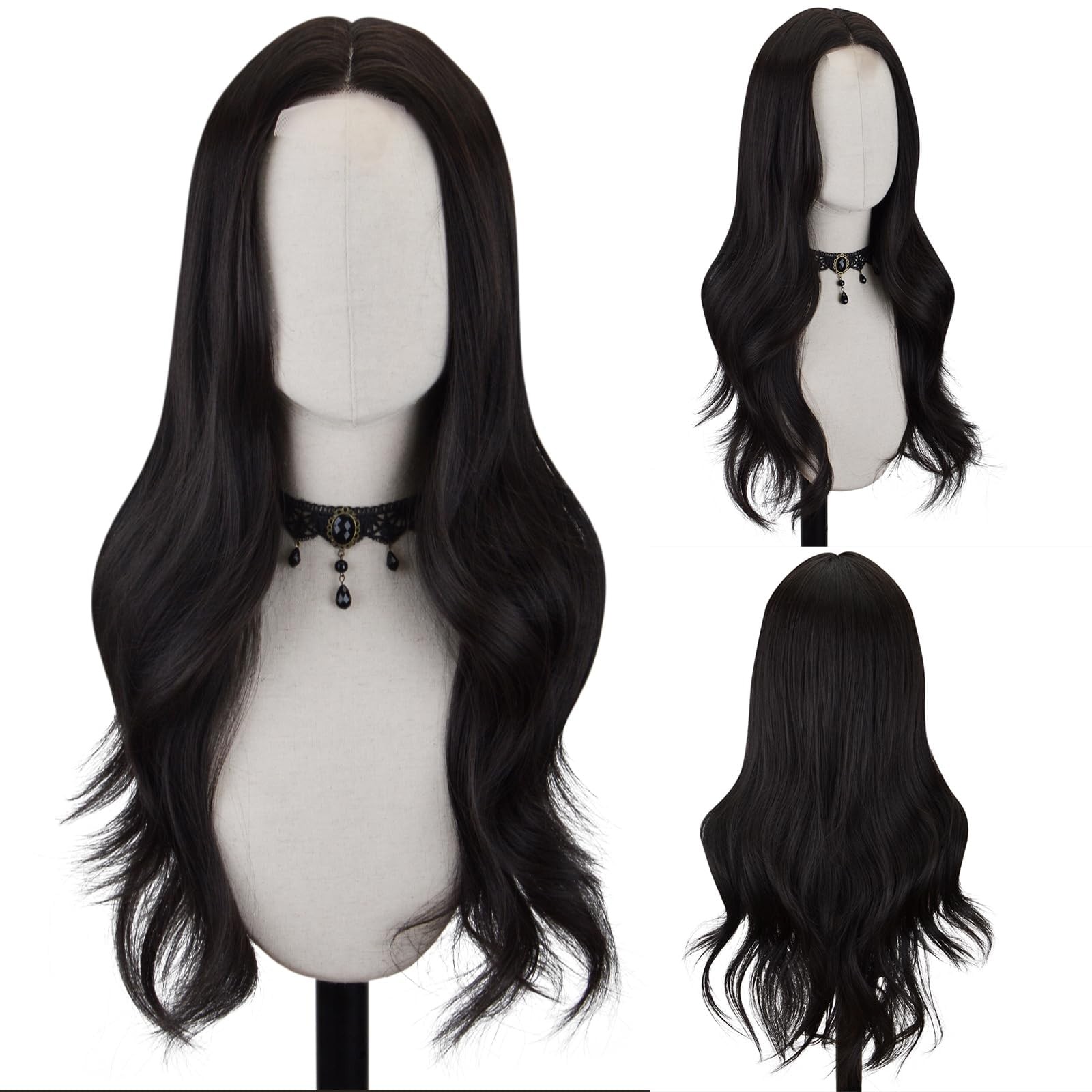 Long Black Wavy Wig for Women 26 Inch Middle Part Curly Wavy Wig Natural Look…