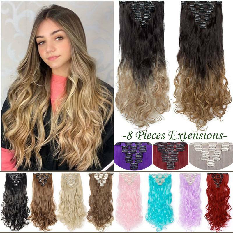 US 8Pcs 18Clips Clip in Full Head Synthetic Hair Extensions as Human Hair Curly