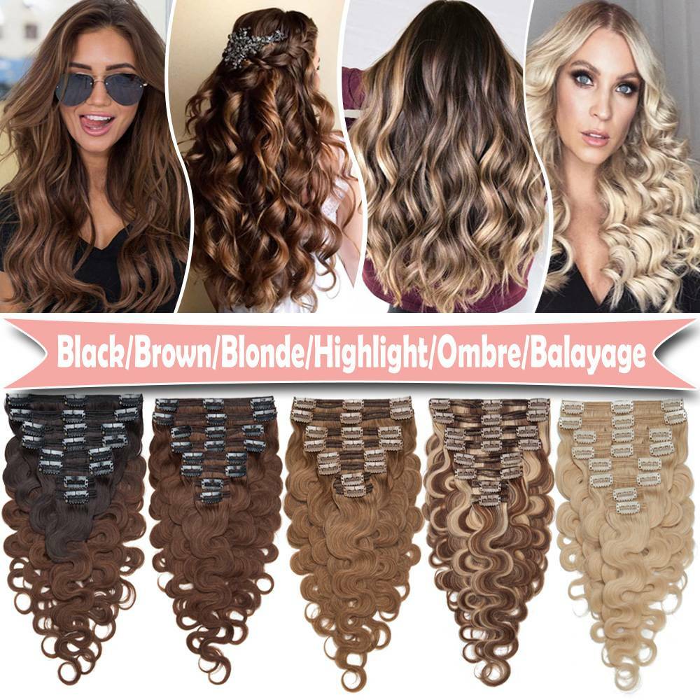 Brazilian Thick Clip In Double Weft Full Head 100% Human Hair Extensions Remy US