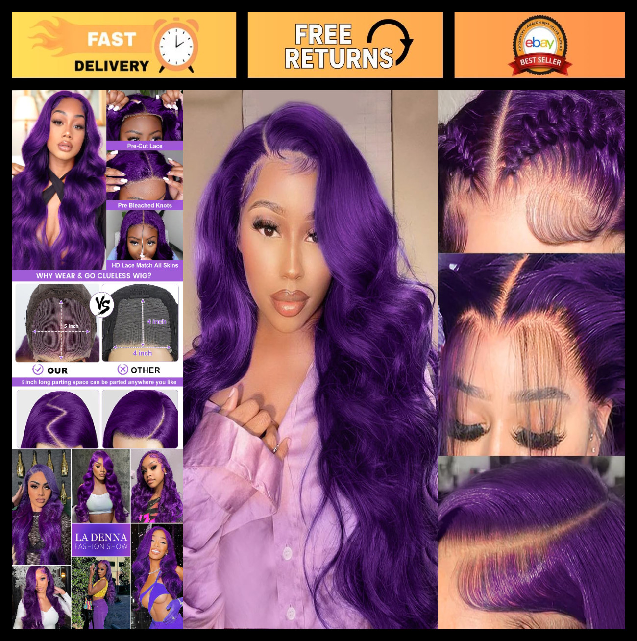 5×5 Purple Body Wave Lace Frontal Wig – 200% Density, HD Transparent, 22″ Human
