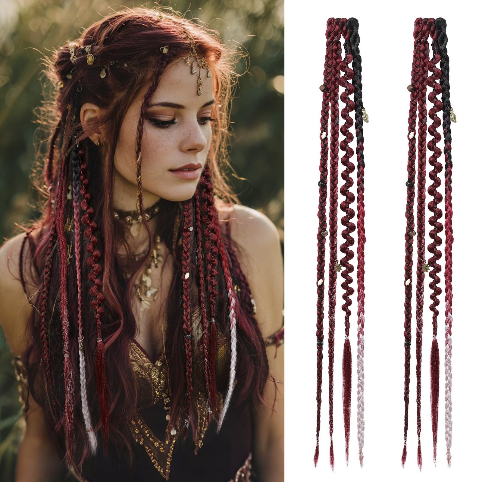 Clip in Braid Hair Extensions Women 20″ Boho Dreadlock Clip in Braids with Beads