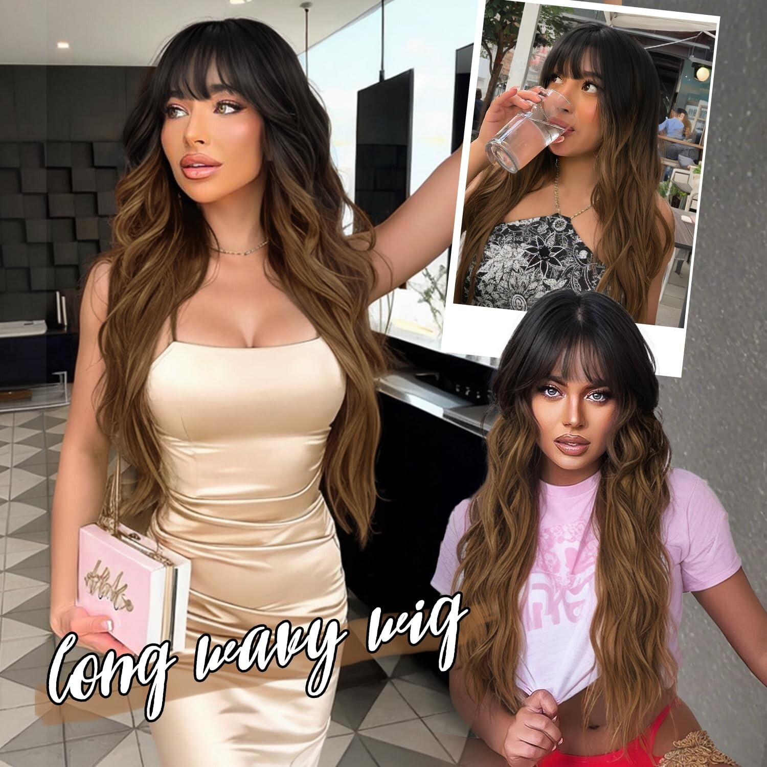 Black To Brown Wig with Bangs Long Wavy Synthetic Wig for Women with Daily Pa…