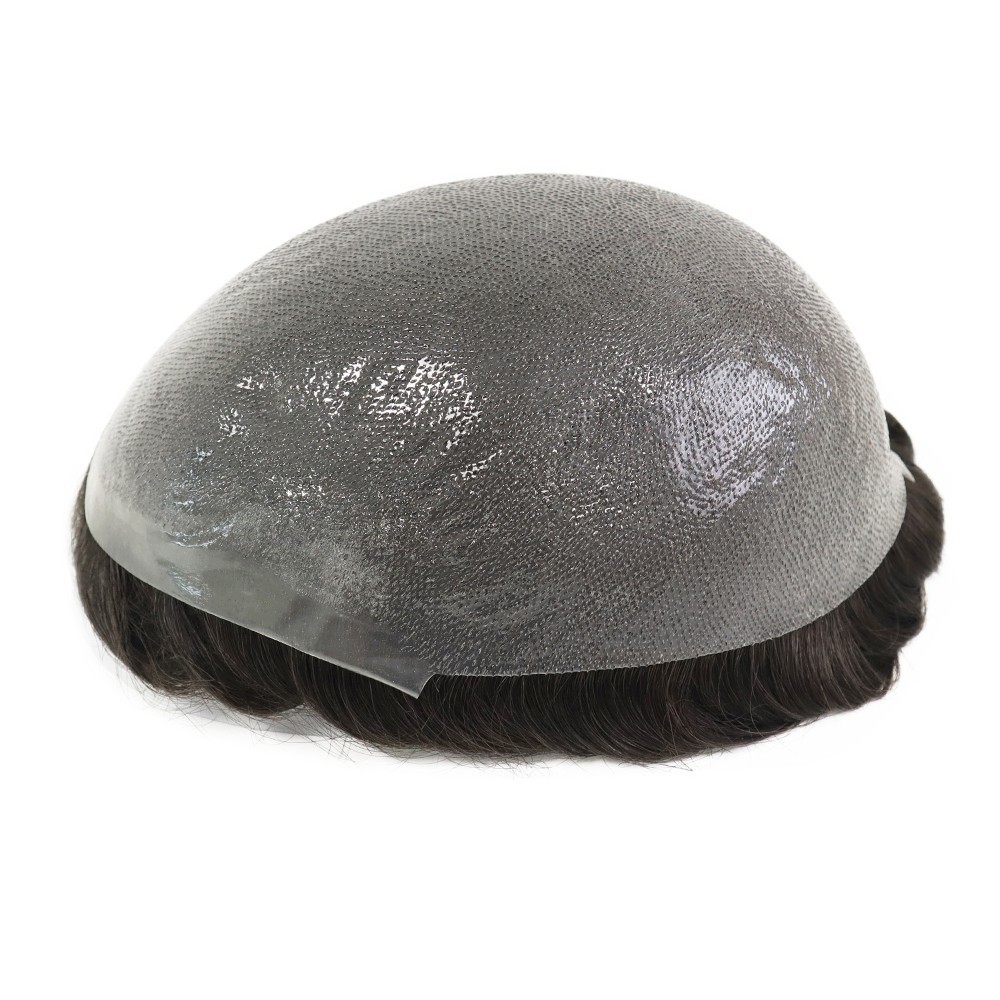 Ultra Thin Skin Mens Toupee Human Hair Replacement System Hairpieces Dark Brown