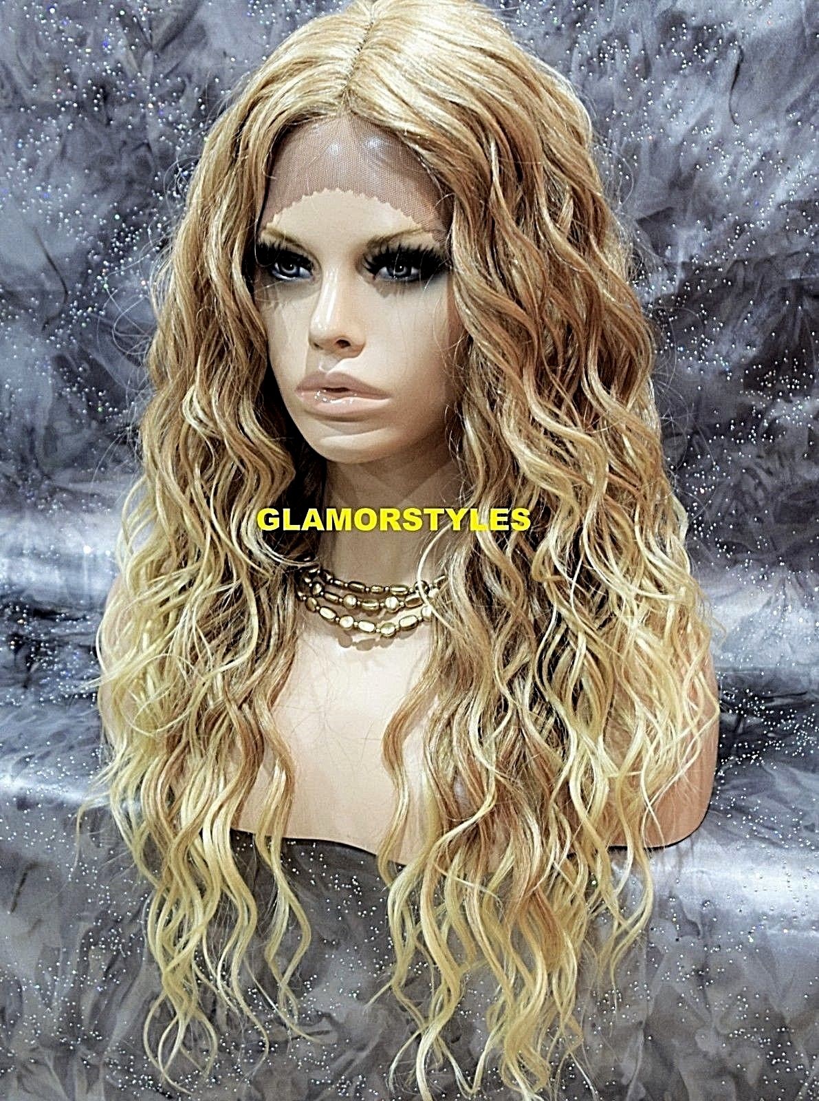 LACE FRONT FULL WIG LONG SPIRAL CURL LAYERED MIDDLE PART MEDIUM BLONDE HEAT OK