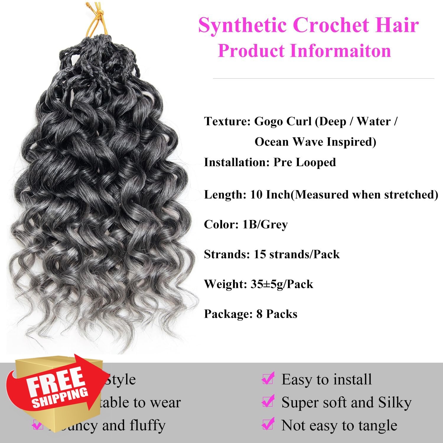 XSASLYET 10″ Pre Looped Crochet Hair 1B/Grey Gogo Curl Black Women 8 Packs