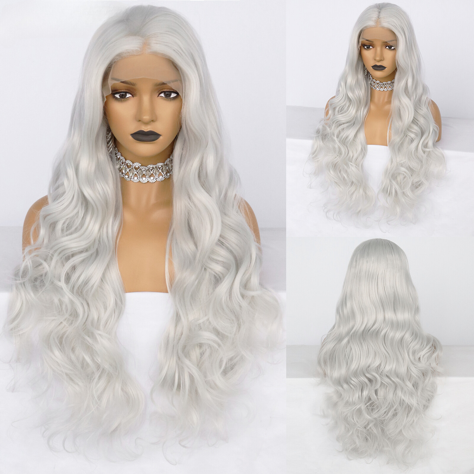 Sliver Body Wavy Synthetic Lace Wig for Women Hallowen Party Free Wig 26inch