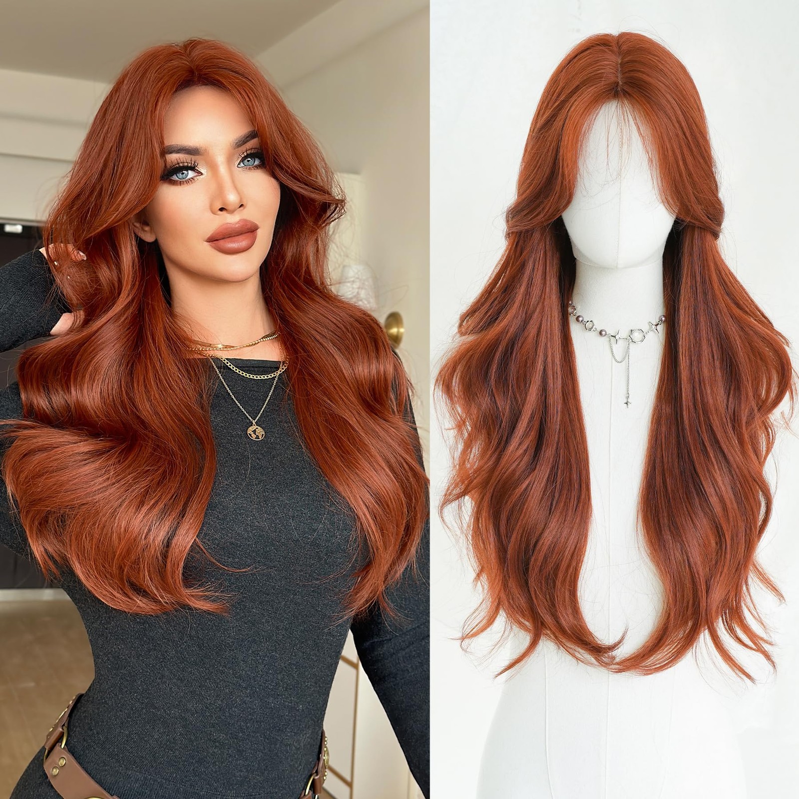 7JHHWIGS 28in Auburn Red Long Wavy Curatain Bangs Wigs Natural Reddish Brown Hea