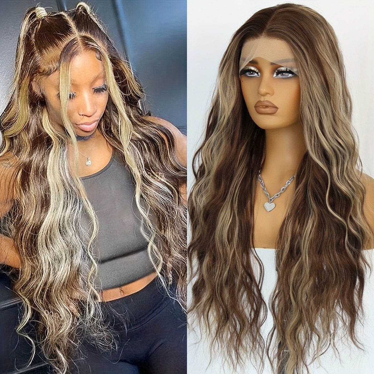 Glueless Long Curly Wave Lace Front Wigs Brown Hair Blonde Highlights Ombre Wig