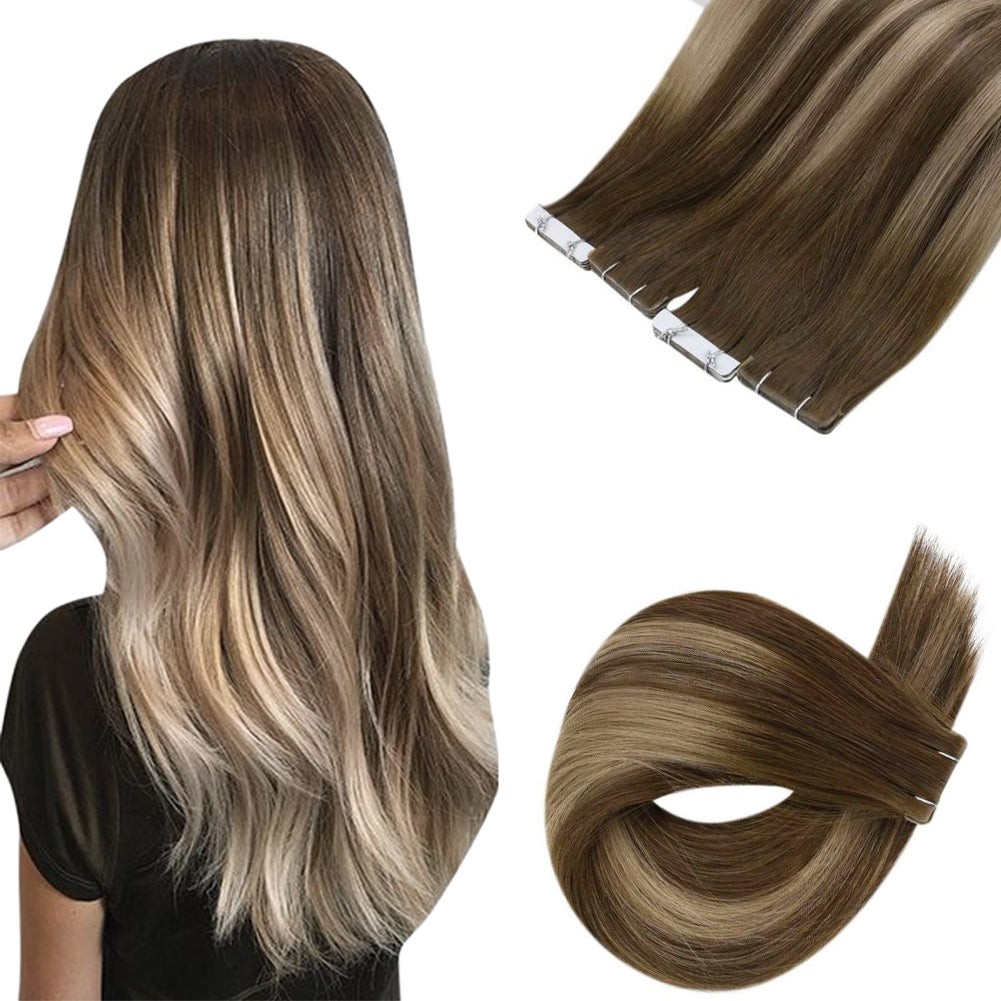 Sunny Hair TAPE-IN 16in Brown/Blonde Straight Human Hair Extensions TP_P4-27 50G