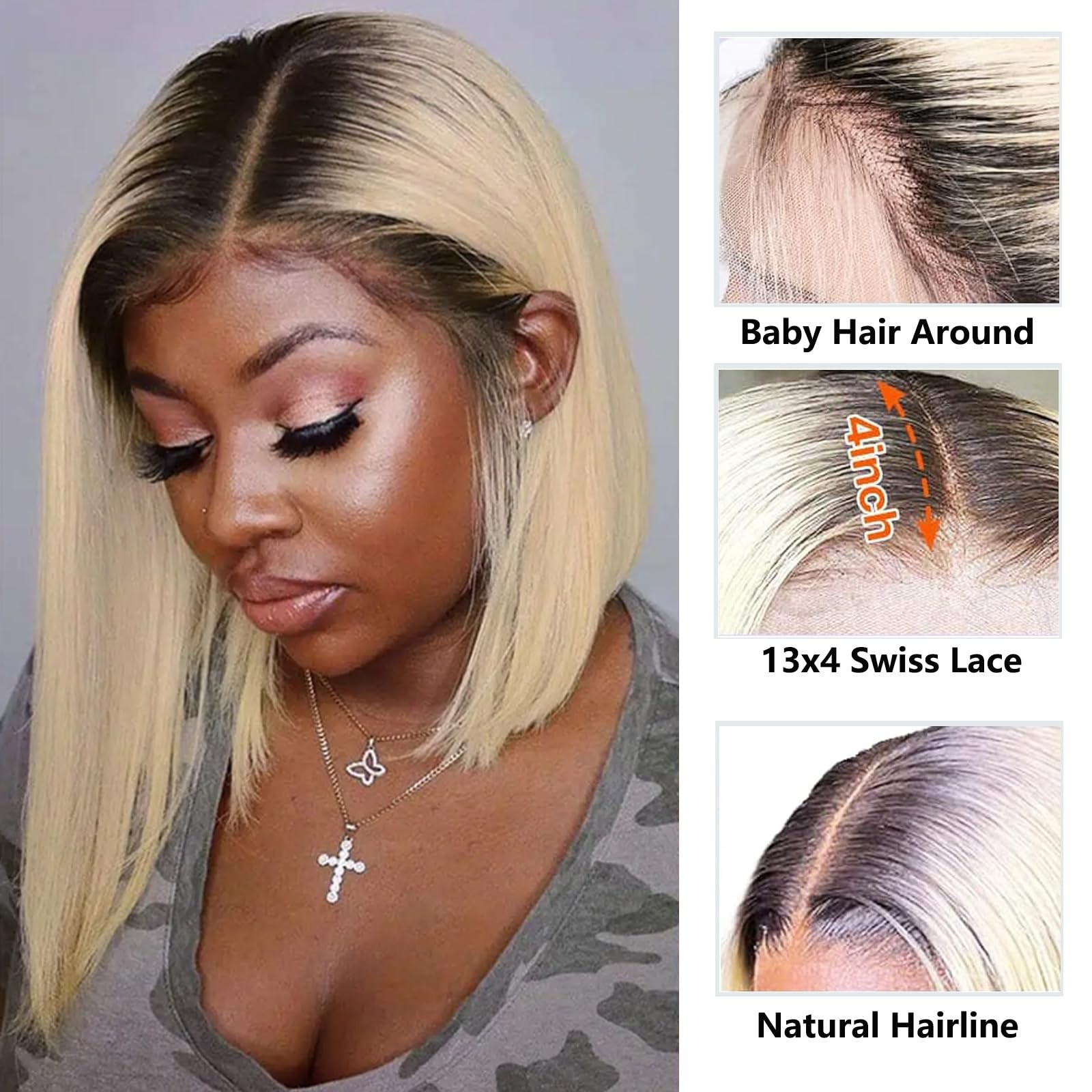 Oimigo Highlight Bob Wigs Human Hair 13X4 Hd Lace Frontal Wig Part Blonde Bob